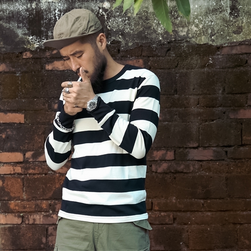 NON STOCK Prison Striped Long Sleeve Tee Shirts Slim Fit Mens Motorcycle T-Shirt 201116
