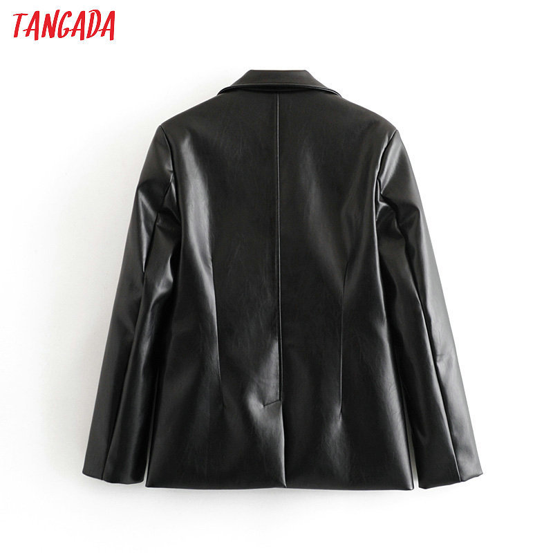 Tangada women vintage black faux leather blazer female long sleeve jacket ladies high street casual blazer suits 6A105 201102