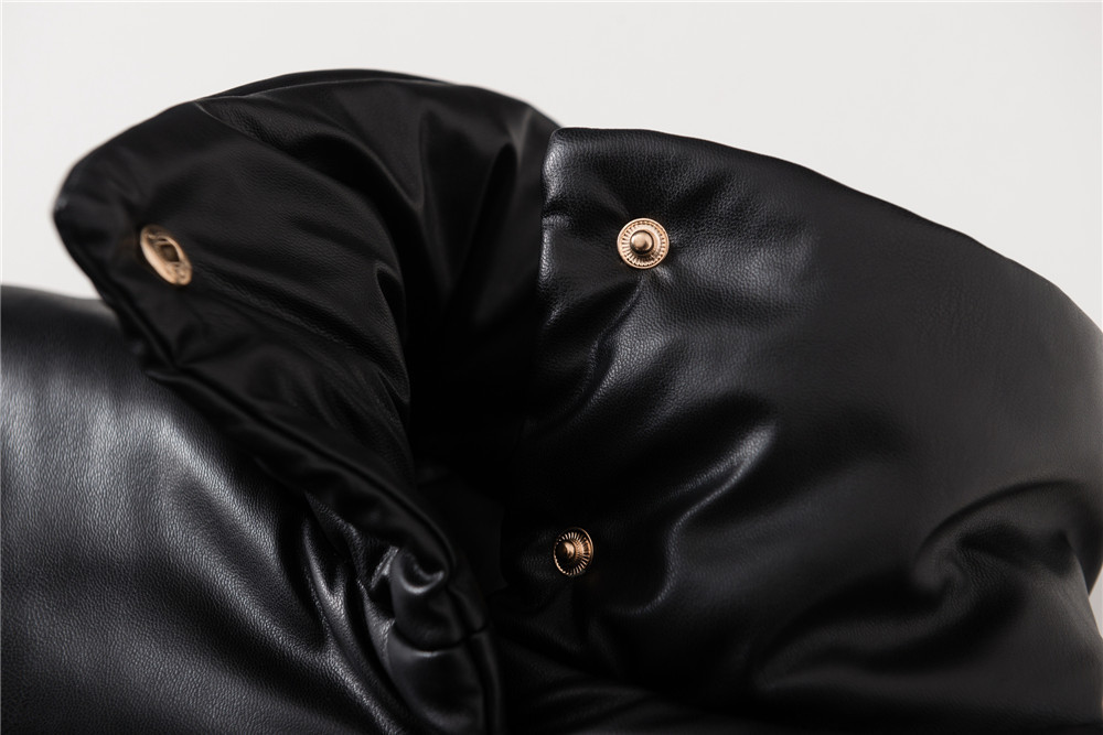 Women Black Jacket Faux Leather Turtleneck Long Sleeve Buttons Winter Female Casual Short Coat with Pockets 201029