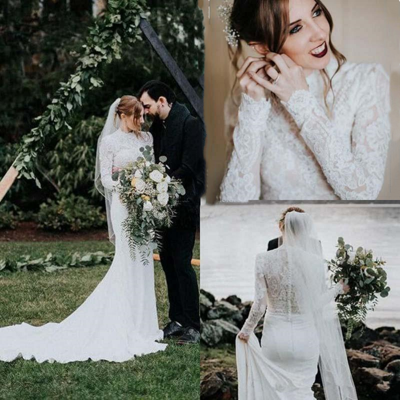 2021 Sexy Illusion Beach Wedding Dresses France High Neck Long Sleeve Mermaid Country Lace Bridal Gowns Court Train Vestido de novia