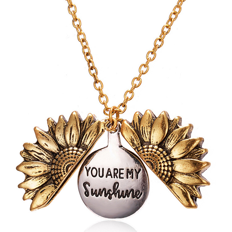 Retro Gold Silver Plated You Are My Sunshine Sunflower Pendent Necklace Openable Helianthus Flower Necklaces for Women Valentine's Day Nice Jewelry Gift
Retro Gold Silver Plated You Are My Sunshine Sunflower Pendent Necklace Openable Helianthus Flower Necklaces for Women Valentine's Day Nice Jewelry Gift