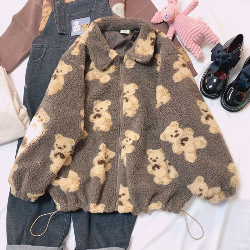 HWLZLTZHT Soft Sister Small Fresh And Cute Jacket Kawaii Lapel Loose Tops Long Sleeve Winter Student College style Japanese 201106