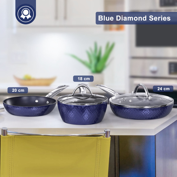 Cooking Utensils Frying Pan Sets Non Stick 3Pieces Blue 3D Diamond Cookware 20/24cm 18cm Saucepan - Pots and Pans Set Aluminum Ceramic Coating