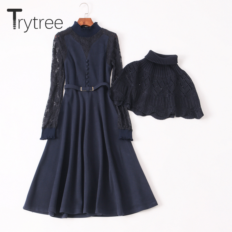 Trytree Autumn Winter Women Dress Casual Turtleneck Shawl Lace Patchwork Button Belt 2 Colour A-line Fashion Knee-Length Dress 201125