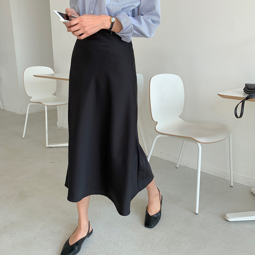 Korean Casual Skirts Women Silk Skirt Women Elegant Satin Long Skirts Office Lady High Waist Bodycon Skirt Faldas Mujer Moda T200324