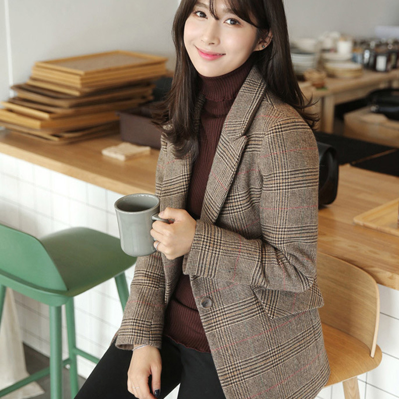 Women Blazers And Jackets Spring Autumn Fahion Plaid Single Button Long Sleeve Casual Short Coats Famale Pockets Outwear 201114