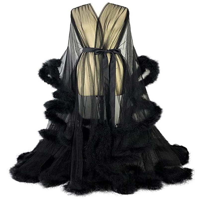 Real Image Wedding Bathrobe Long Sleeves Feather Sleep Wear Custom Made Pajamas Sexy Illusion Tulle Wedding Robe Nightgown