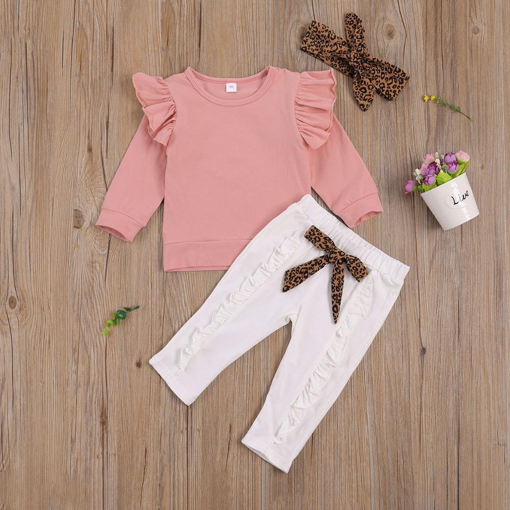 ZWF417 Autumn Toddler Kid Baby Girl Clothes Set Ruffles Long Sleeve Top Bow Pants Outfits Leopard Children Girl ClothingX1019