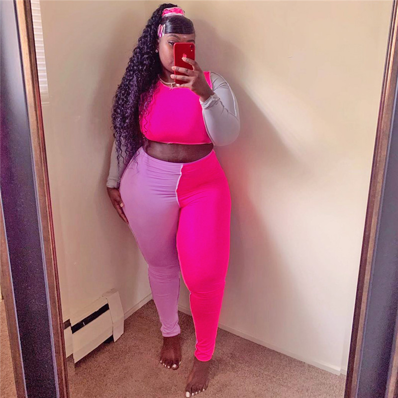 new Plus size 3X 4X Women fall winter designer bigger size clothing two piece set panelled outfits long sleeve sweatshirt crop top+pants 3957