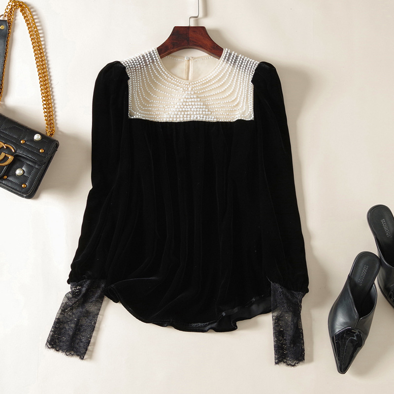 2022 Spring Long Sleeve Round Neck Black Sheer Neckiline Silk Velvet Beaded Panelled Soie Blouse Elegant Casual Shirt Shirts 22J154536
2022 Spring Long Sleeve Round Neck Black Sheer Neckiline Silk Velvet Beaded Panelled Soie Blouse Elegant Casual Shirt Shirts 22J154536