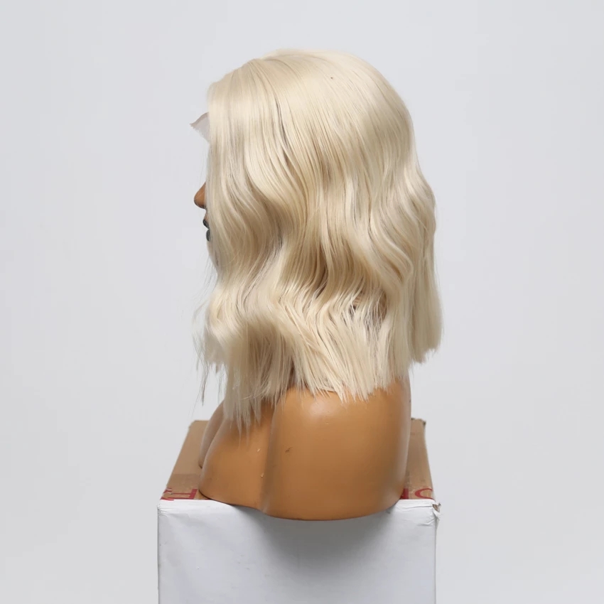 New natural soft Short Wig Heat Resistant Wavy Hair Wigs blonde color Synthetic Lace Front Wig Side Part Glueless Wig For Women