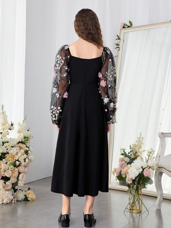 Teen Girls Floral Embroidery Mesh Panel Appliques Dress Without Belt SHE