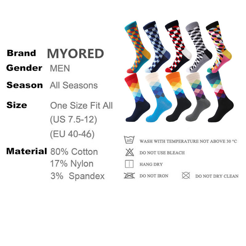 MYORED Mens Colorful Casual Dress Socks Combed Cotton Striped Plaid Geometric Lattice Pattern Fashion High Quality