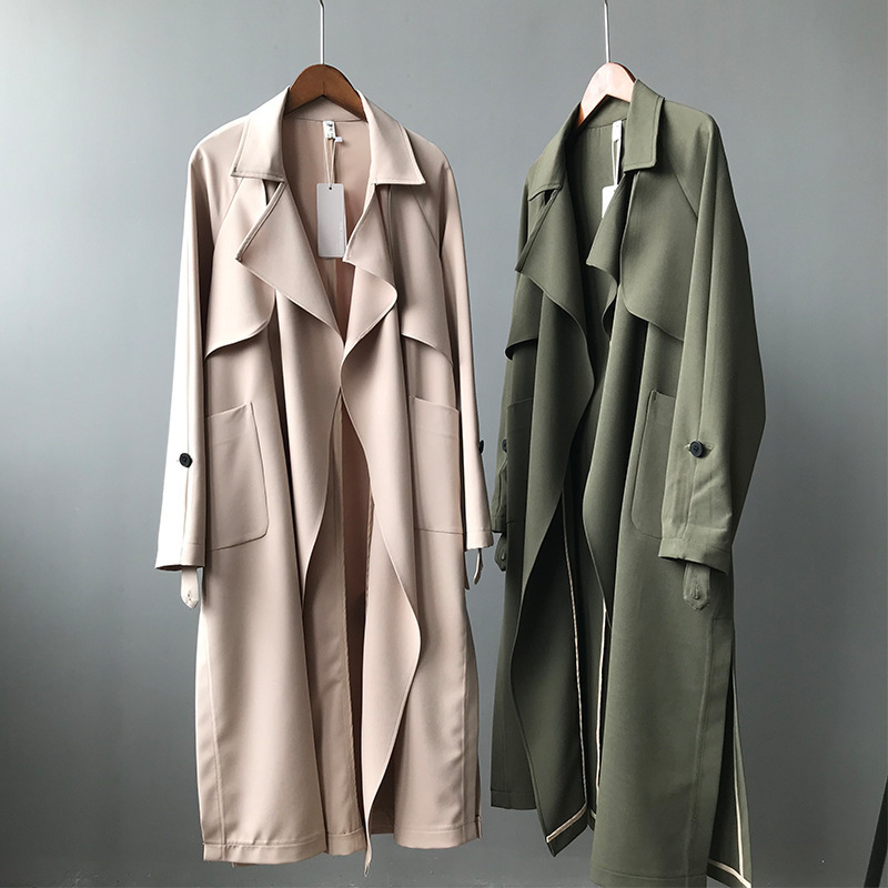 Spring Long Casual Trench Coat Women Full Length Sleeve Open Stitch Trench Outwear New CRRIFLZ 201030