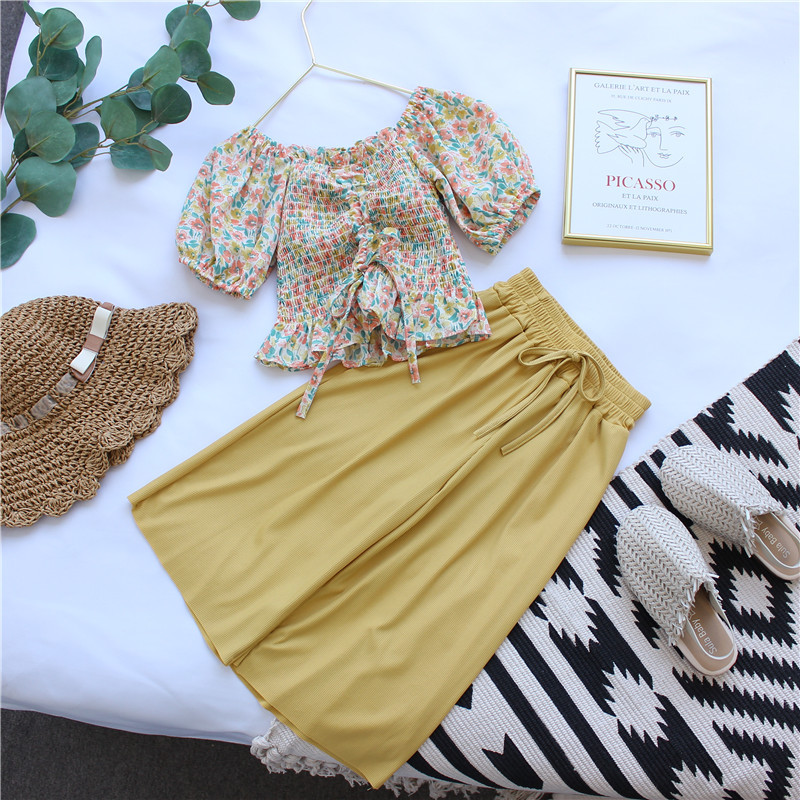 Girls' summer suit one shoulder chiffon foam sleeve Floral Top + wide leg pants two piece girls' clothing 2-8 years oldX1019