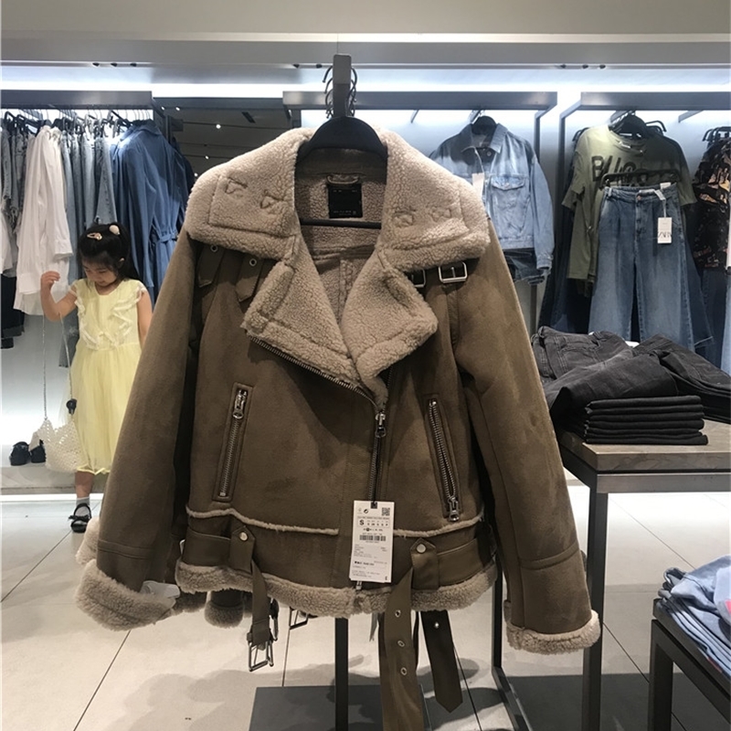 New Women Suede Leather Jackets Female Faux Shearling Sheepskin Coats Autumn Winter Lambs Wool Short Motorcycle Coats Belt 201020