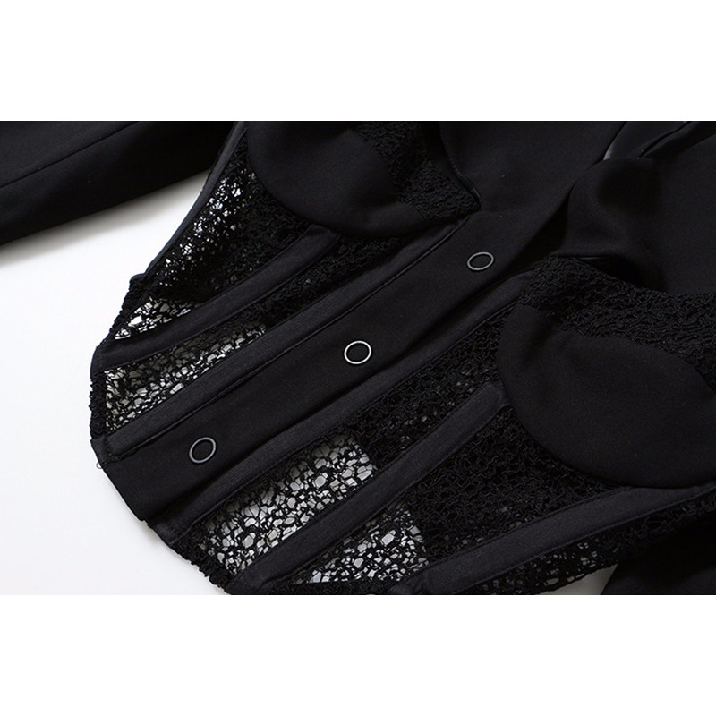 TWOTWINSTYLE Patchwork Hollow Out Black Coat For Women V Neck Long Sleeve Lace Coats Female Summer Fashion Clothing 201023
