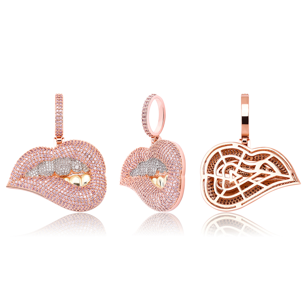 Two Tone Pink Purple Cubic Zirconia Charm Drip Lips Pendant Necklace Hip Hop Iced Out CZ Personalized Lip Jewelry Bijoux Gift for Women Girl