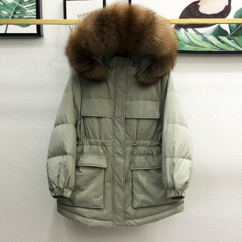 Real Natural Fur New Winter Jacket Women Fashion Down Coat Female White Duck Down Jacket Parka Loose Warm Hooded Overcoat 201019