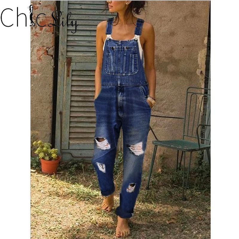 Chiclily Women Denim Jumpsuits Ripped Slim Overalls Mid Waist Full Length Vintage Jeans 201105
