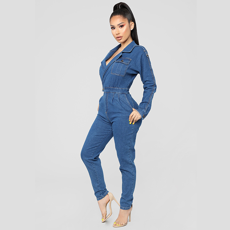 hot style sexy women s deep V wash water cowboy jumpsuits standard code of Europe and America T200107