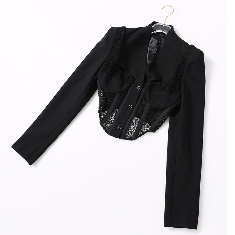 TWOTWINSTYLE Patchwork Hollow Out Black Coat For Women V Neck Long Sleeve Lace Coats Female Summer Fashion Clothing 201023