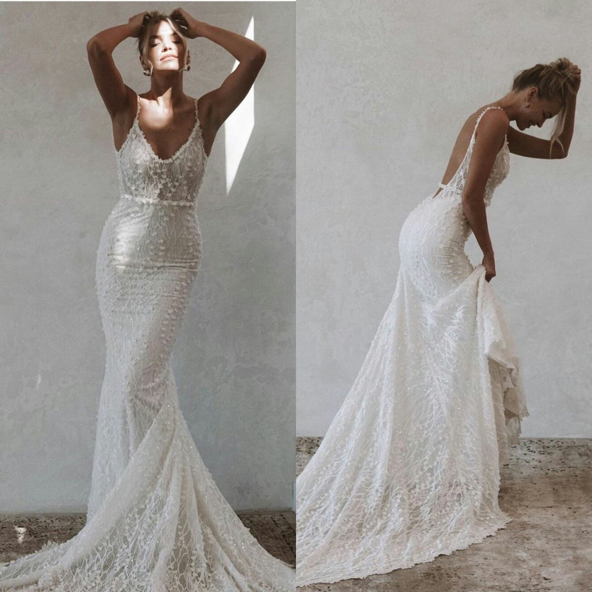 Bohemian 2021 Mermaid Beach Wedding Dresses Strap V Neck Backless Full Lace Appliqued Beaded Bridal Gowns Sweep Train Bobo Wedding Dress