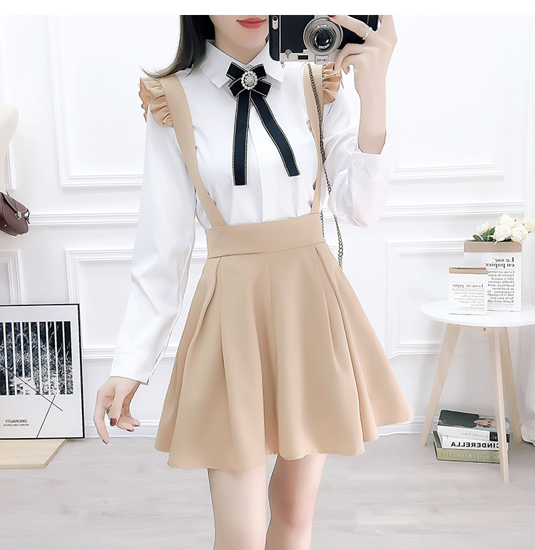 Preppy Style Suspender Skirt Two piece set Women Autumn New White Shirt and Strap Skirt Student Outfits Free Diamond Bow T200325