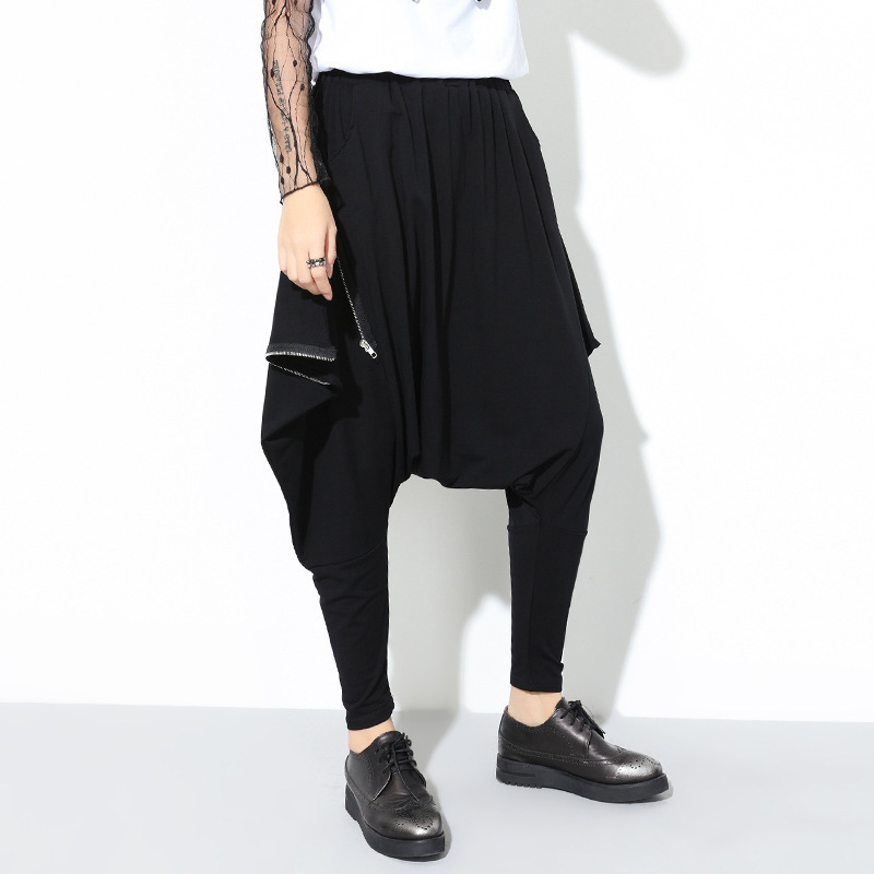 [EAM] High Quality Spring Fashion New Loose Casual High Elastic Waist Black Harem Pants Women's Trouser All-match YC79501 201106