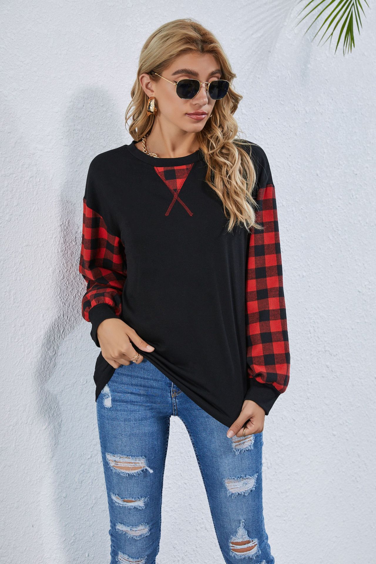 Women Plaid Patchwork Sweatshirts Autumn and Spring Female Long Sleeve Round Neck Pullovers Ladies Loose Tops, White
Women Plaid Patchwork Sweatshirts Autumn and Spring Female Long Sleeve Round Neck Pullovers Ladies Loose Tops, White
