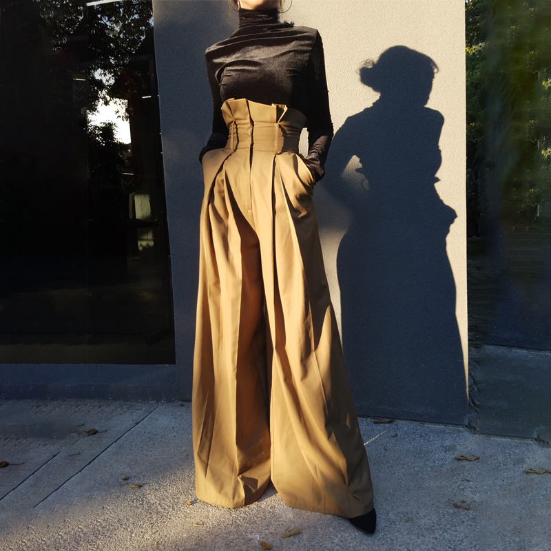 [EAM] High Waist Yellow Long Pleated Split Wide Leg Trousers New Loose Fit Pants Women Fashion Tide Spring Autumn 1M646 201031