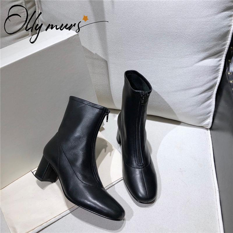 OllyMurs New Black Genuine Leather Women Ankle Boots Round Toe Front Zip Thick Mid Heel Women Autumn Boots Shoes Woman, As pic