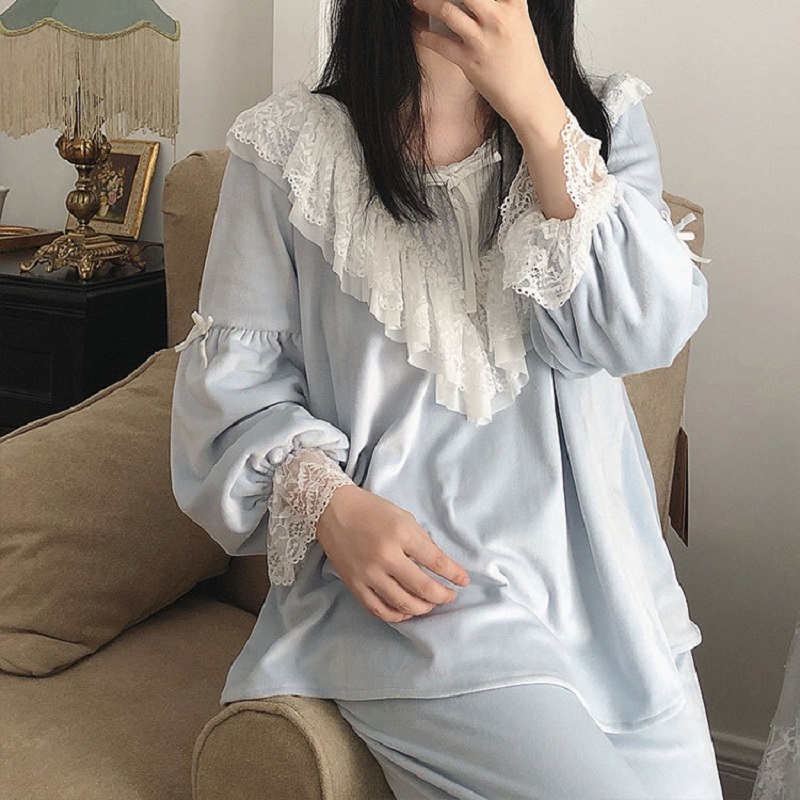 High Quality Thick Bright Velvet Women's Pajamas Sets Autumn Winter Vintage Sweet Female Flannel Pyjamas Long Sleeve Sleepwear 201113