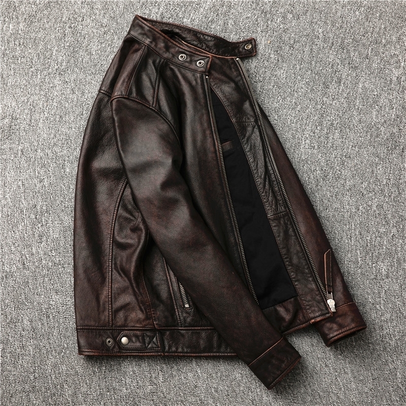 classic motor stylevintage genuine leather Jacketfashion men brown Leather coatstreet biker coatsales 201128