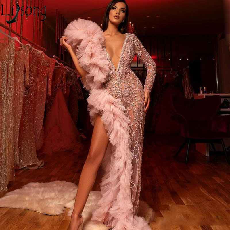 2020 Sparkly Beaded Prom Dresses Long Sleeve Deep V Neck Ruffled Chic Evening Dress Sexy High Split Formal Party Gowns Bling, Brown
2020 Sparkly Beaded Prom Dresses Long Sleeve Deep V Neck Ruffled Chic Evening Dress Sexy High Split Formal Party Gowns Bling, Brown
