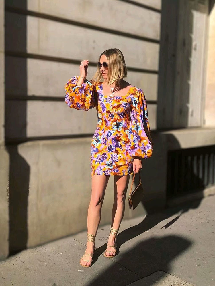 Stylish Chic Floral Print Loose sleeve Dress Za Vintage Elegant Women Square Collar Mini Dresses T200106