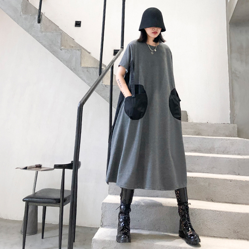 EAM Women Dot Pinrted Back Pleated Big Size Dress New Round Neck Short Sleeve Loose Fit Fashion Spring Summer 1T459 T200604