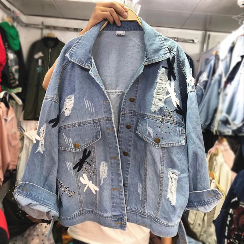 ZQLZ Plus Size 5XL Autumn Denim Jacket Women New Embroidery Pattern Lapel Loose Jeans Coat Thin Spring Jackets Womens Y201006
