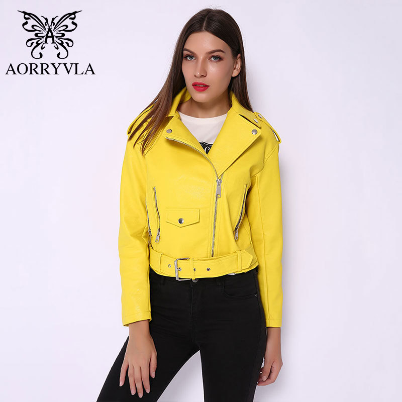 AORRYVLA Faux Leather Moto Women's Leather Jackets Yellow Ladies Leather Jacket Asymmetrical Faux-Leather Jacket Spring 201226