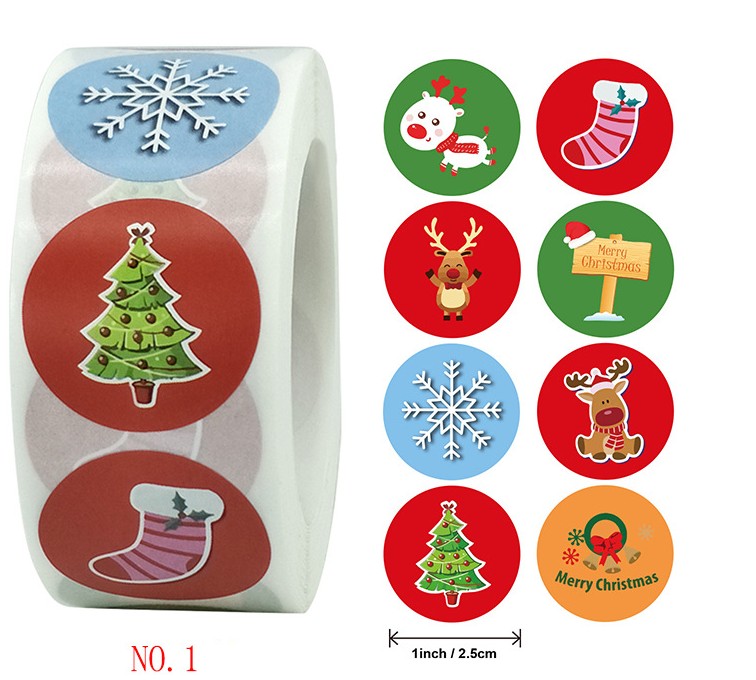 25mm Christmas Seal envelope Merry Christmas sticker label Xmas Tree Elk Snowflake Bell Sock Pattern Gift Wrap 500pcs in 1 roll