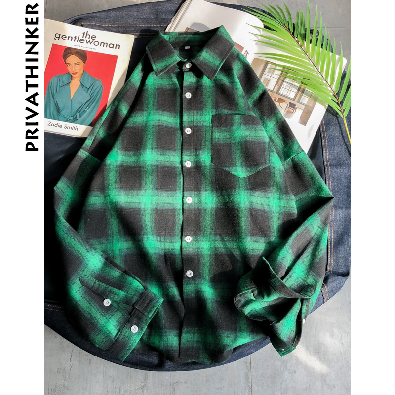 Privathinker Men Plaid Shirts INS Style Man White Red Black Plaid Long Sleeve Shirts Male Oversized Top Shirt Plus Size 201120