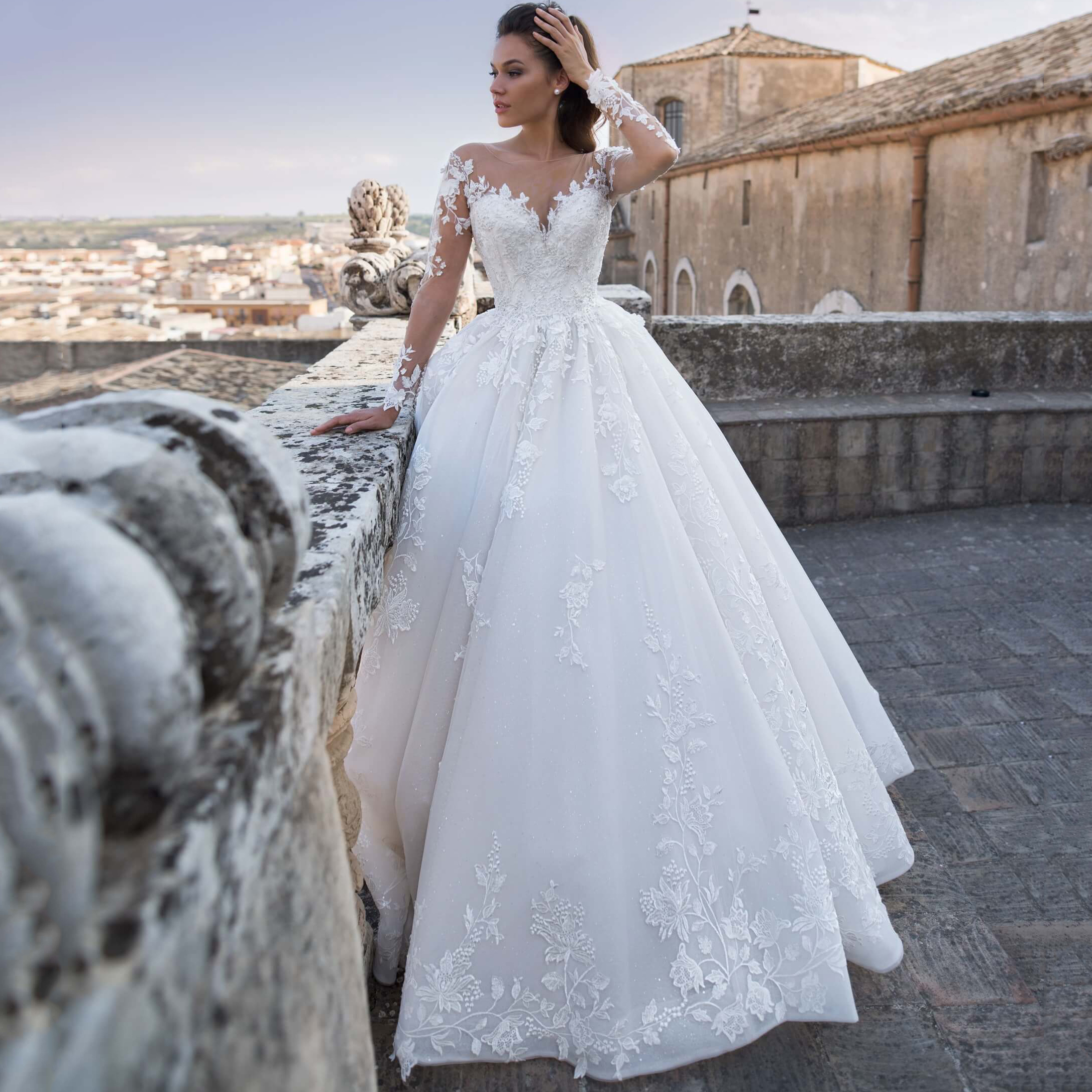 urious Turkey Lace Wedding Dresses Appliques Illusion Long Sleeves Puffy Skirt Sheer Jewel Neck Sexy Backless Lace-up Formal Bridal Gowns