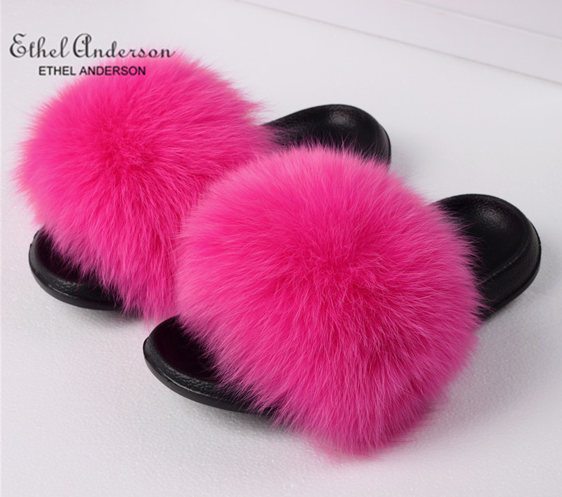 ETHEL ANDERSON Real Fox Raccoon Fur Slippers Slides Lady Retro Summer Flip Flops Casual Fluffy Fur Sandals Plush Shoes LJ200903
