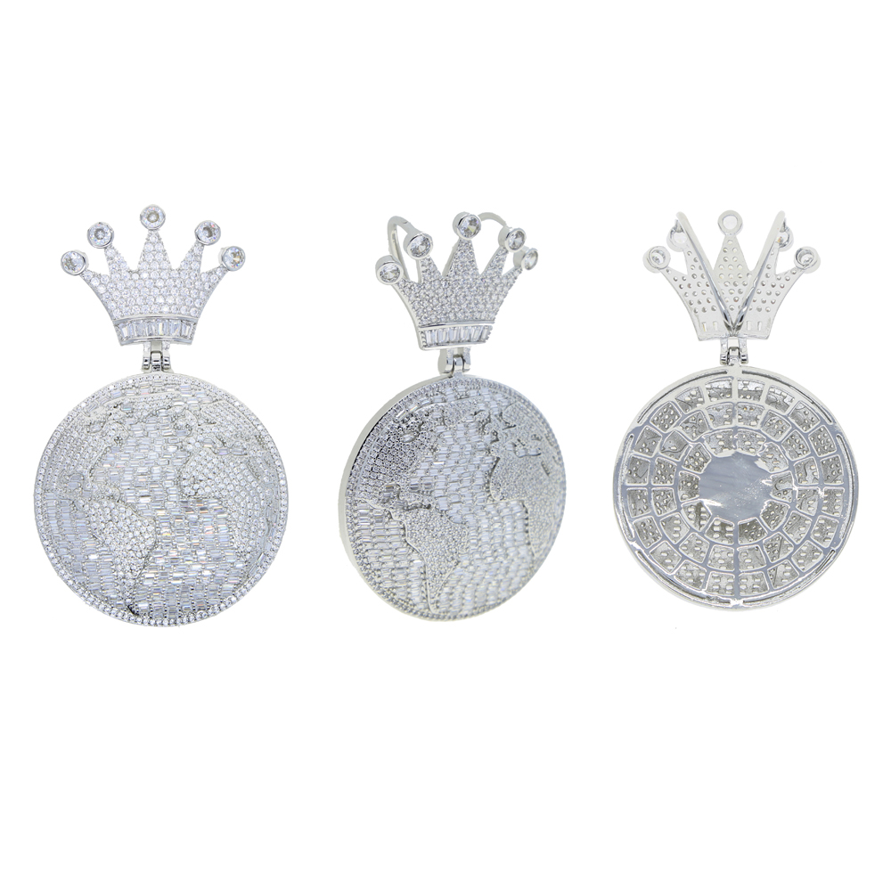 Bling 5A Cz Round Globle Pendant with Crown Shaped Necklace Full Iced Out Cubic Zirconia Hip Hop Custom Mens Cool Jewelry