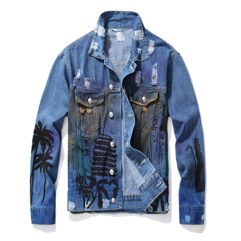 New Men's Male Casual Loose Coconut Palm Printed Jean Jacket Fashion Holes Ripped Denim Coat Letters Painted Outerwear, Black
New Men's Male Casual Loose Coconut Palm Printed Jean Jacket Fashion Holes Ripped Denim Coat Letters Painted Outerwear, Black