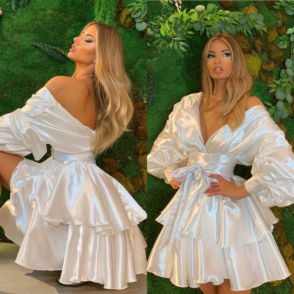 2020 Fashion Short Prom Dresses with Sash Ruffle Skirt Party Celebrity Dress Long Sleeves Vestido de Festa