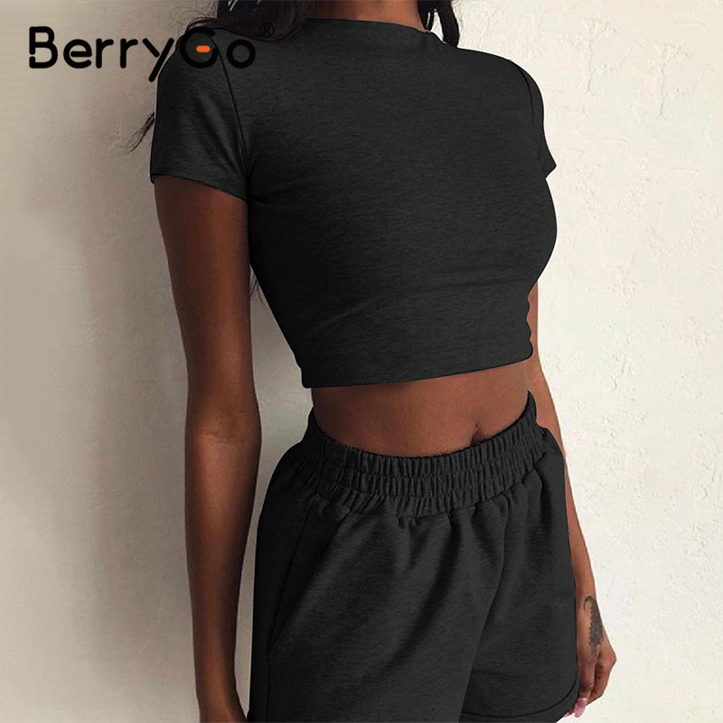 BerryGo Sexy turtleneck two-piece women shorts set Casual short sleeve womens tracksuit Tight female suits summer sport suit T200610