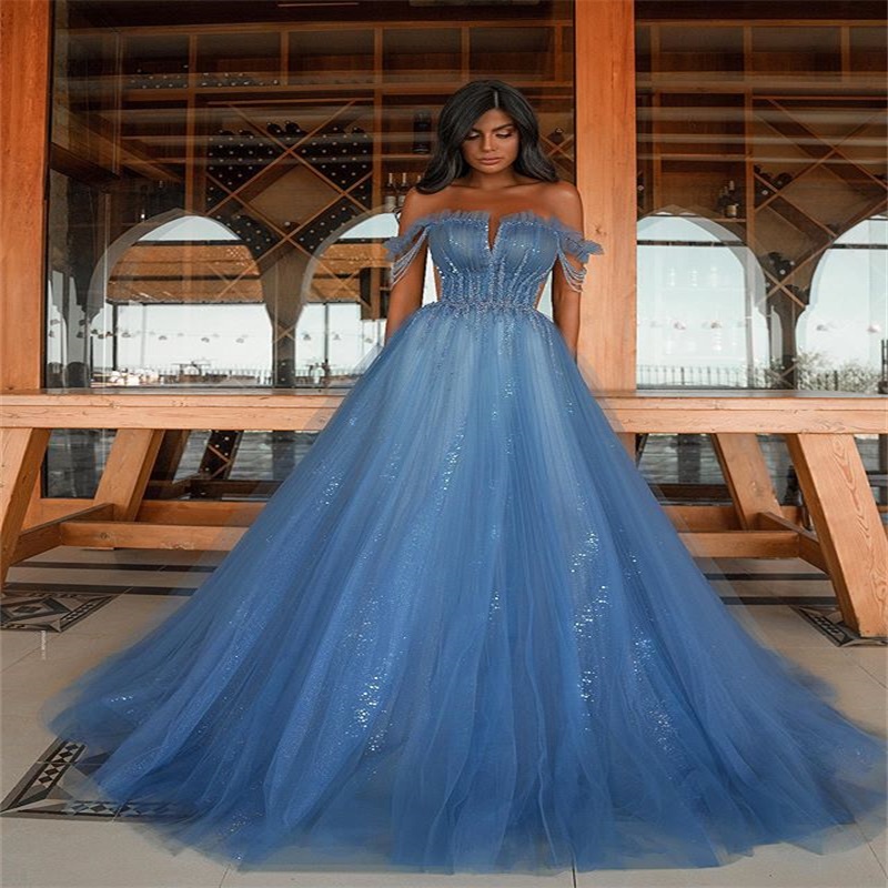 Sparkly A-line Evening Dresses Off-shoulder Sequins Beading Prom Dresses Ruffle Tulle Bling Sweep Train Formal Party Gown