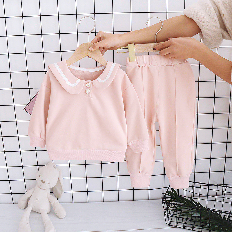 2020 New Children's Clothing Suits Baby Girl Clothes Lapel Pullover Solid Color Long-sleeved Fashion Top + cute Warm TrousersX1019
