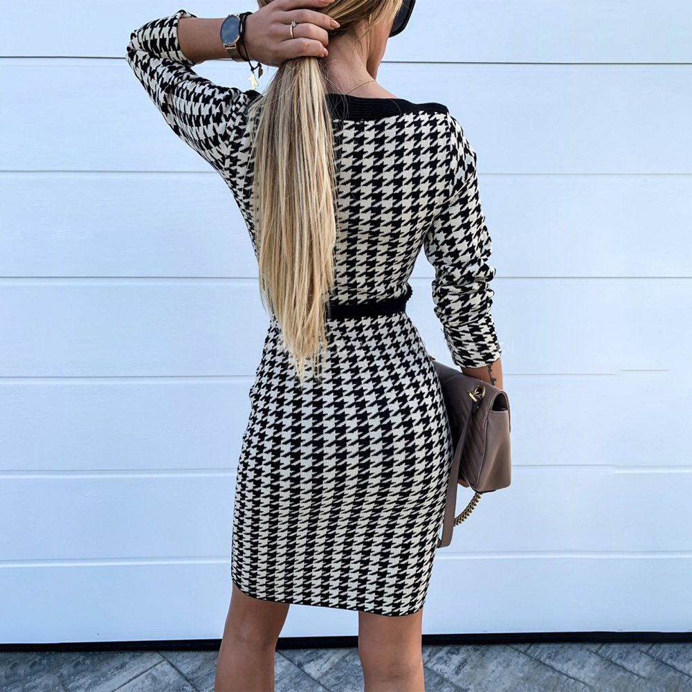 Long Sleeve Dresses Woman New Elegant Ladies Plaid Buttons Sheath Dress Vintage Women Office Dress Workwear T200519